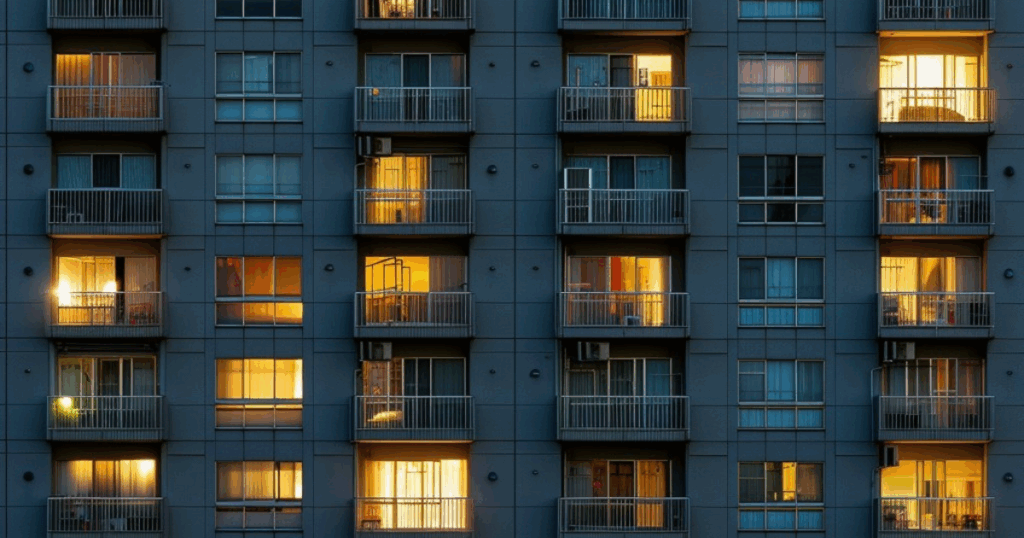 マンションの夜の外観と管理・資産価値維持を考えるイメージ マンションの外観と各戸の灯り。管理や資産価値を考えるための参考イメージ