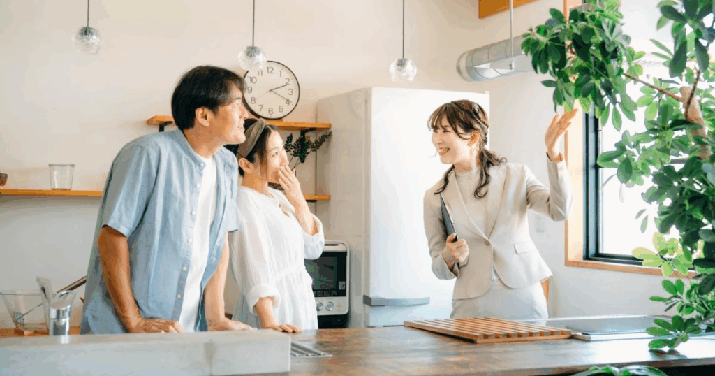 賃貸物件を内見する夫婦と案内する女性スタッフ
