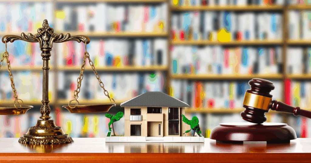契約や更新時に注意すべきポイントを象徴する天秤・住宅模型・裁判用木槌のイメージ写真