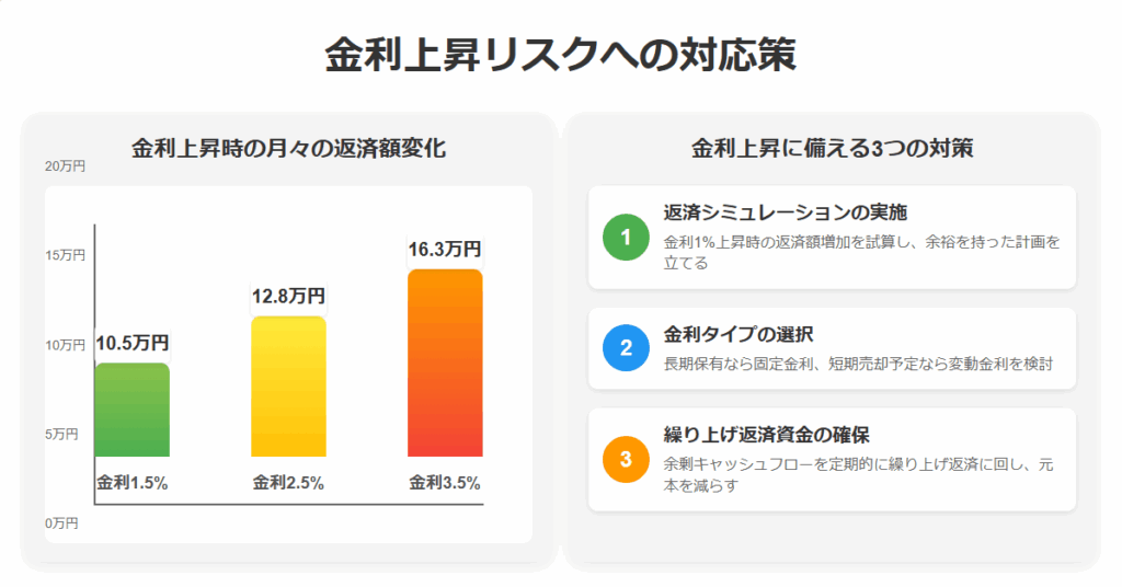 金利上昇リスクへの対応策の図解：返済額の変化（1.5%→2.5%→3.5%）と3つの対策（返済シミュレーション・金利タイプの選択・繰り上げ返済資金の確保）