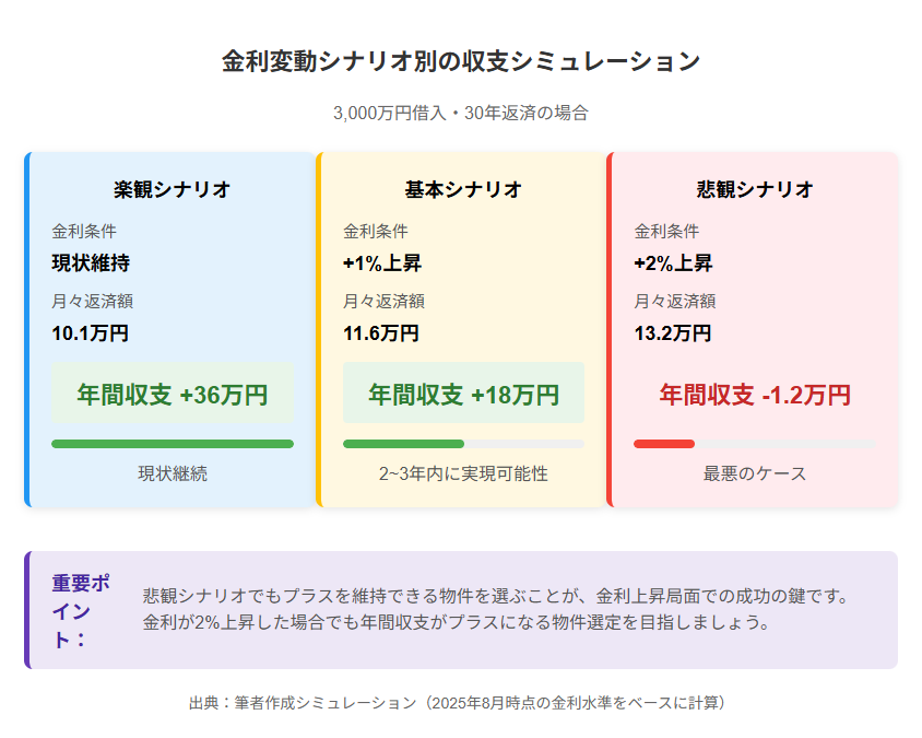 不動産投資ローンにおける金利変動シナリオ別収支シミュレーション(2025年8月時点) 金利変動シナリオ別の収支シミュレーション|3,000万円借入・30年返済で現状維持・金利1%上昇・金利2%上昇のケース比較
