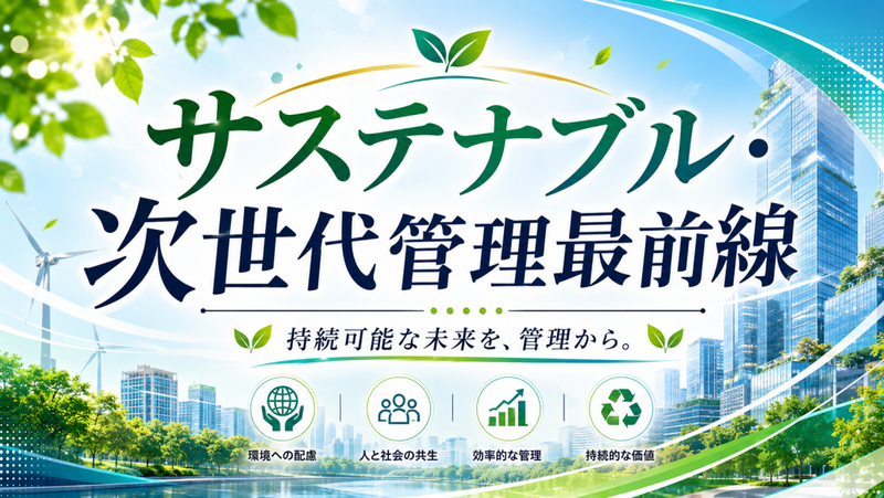 Sustainable future banner with green leaves, Japanese text about next-generation management, and cityscape with wind turbines in the background.