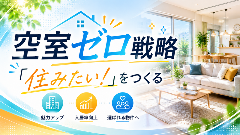Promotional banner for a housing strategy showing a bright living room on the right and bold Japanese text '空室ゼロ戦略' with an orange underline.