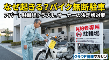 Older man in light blue work clothes inspecting a silver motorcycle in a resident parking area beside a red-and-black sign that reads 契約者専用 駐輪場.